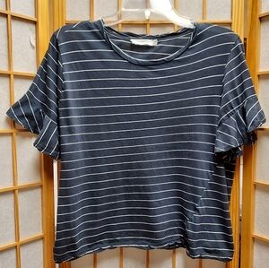 🖤 Lush Boxy Striped Shirt Flouncy Sleeves Assymetrical Hem Womens M Juniors L